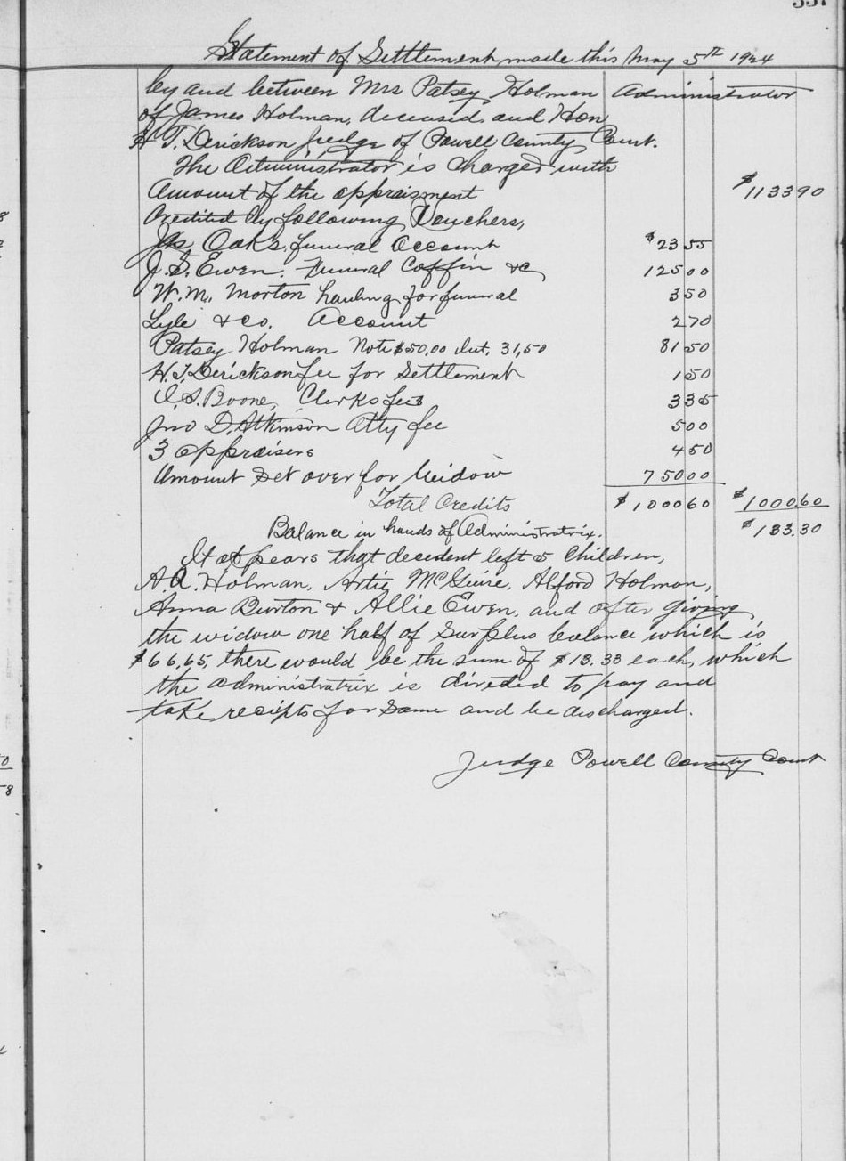 Estate Settlement for James Holman