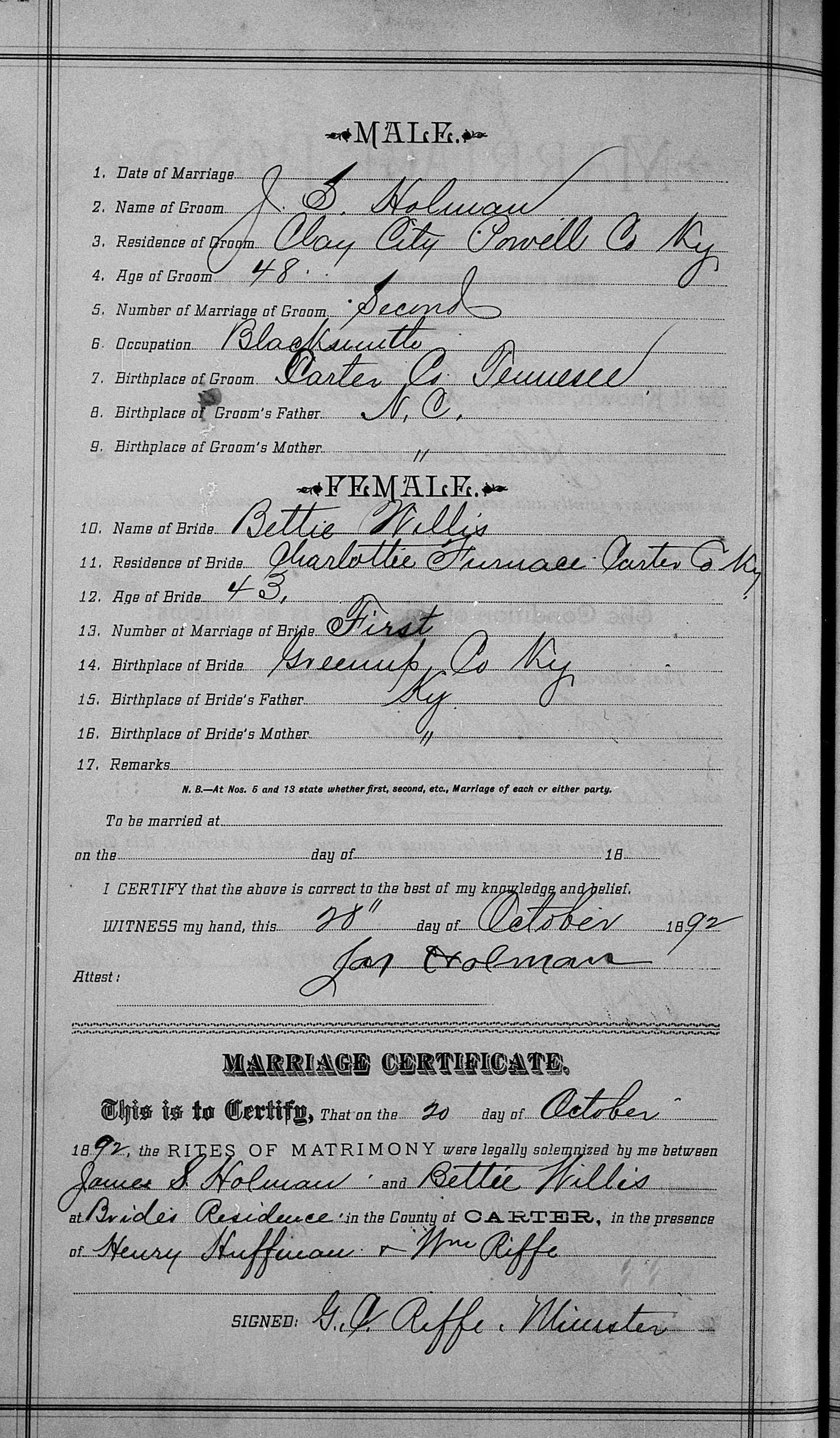Marriage Record of James Holman and Bettie Willis