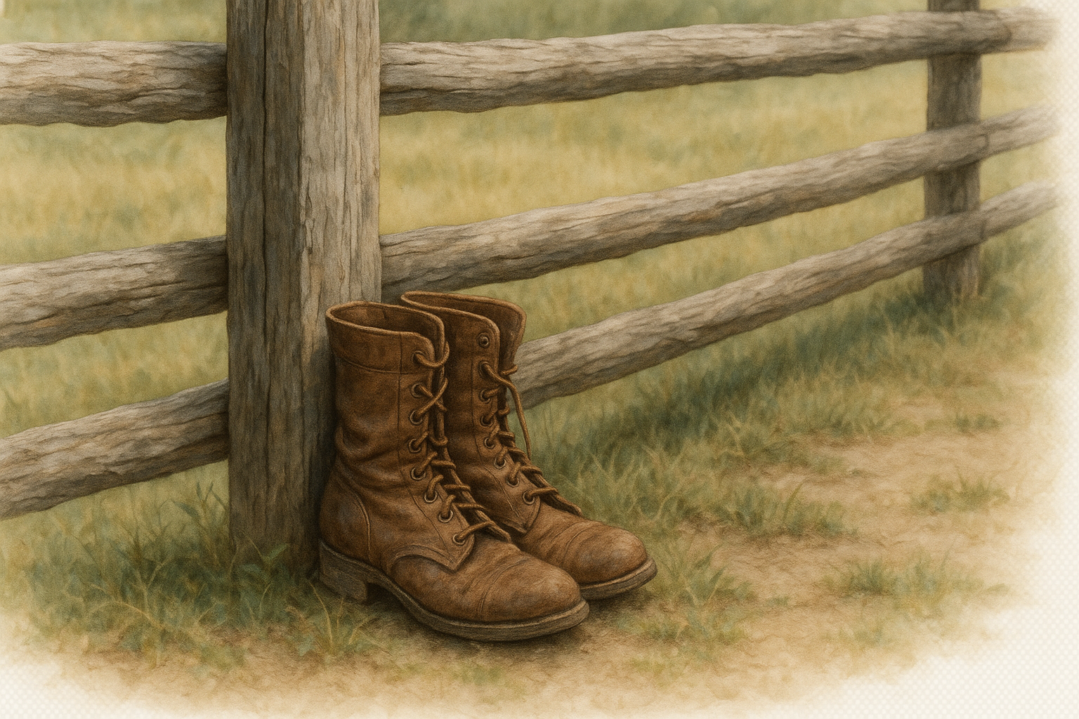 Worn boots resting by a fence
