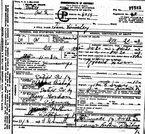 Louisa Hensley Death Certificate