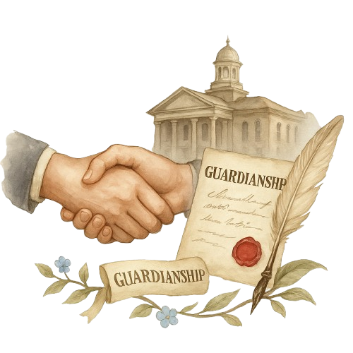 Guardianship icon with courthouse, handshake, and scroll