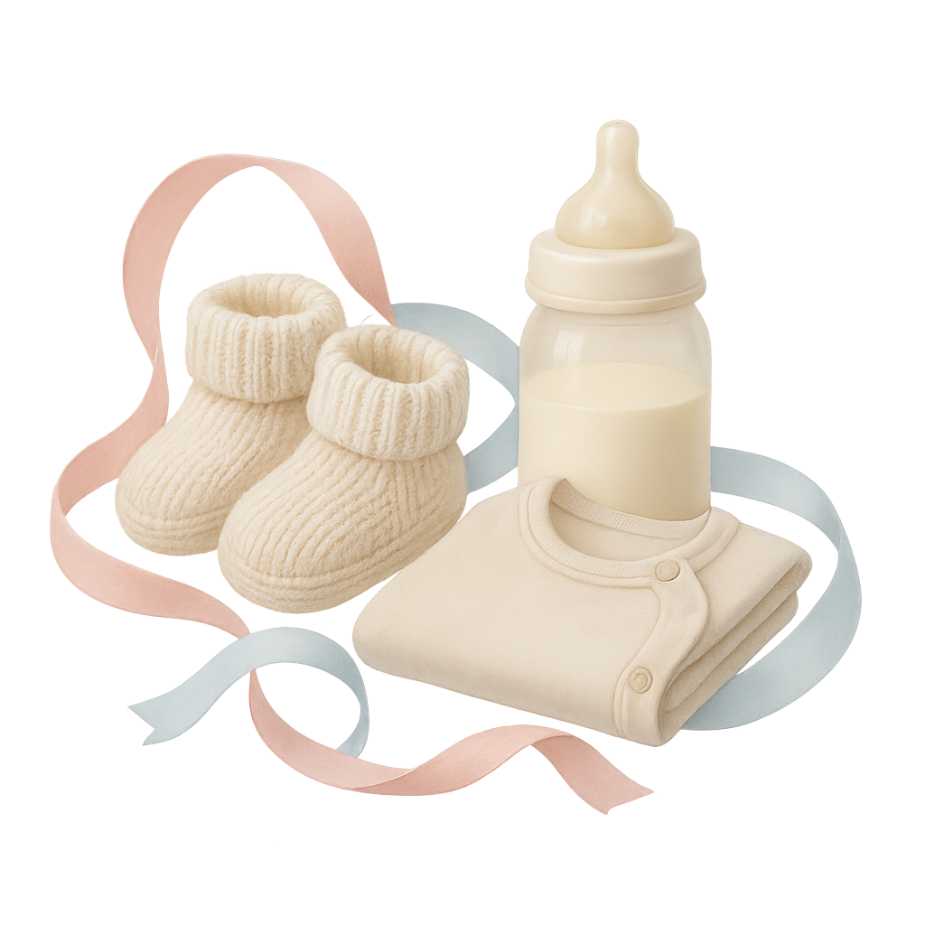 Booties, sleeper, bottle with ribbon