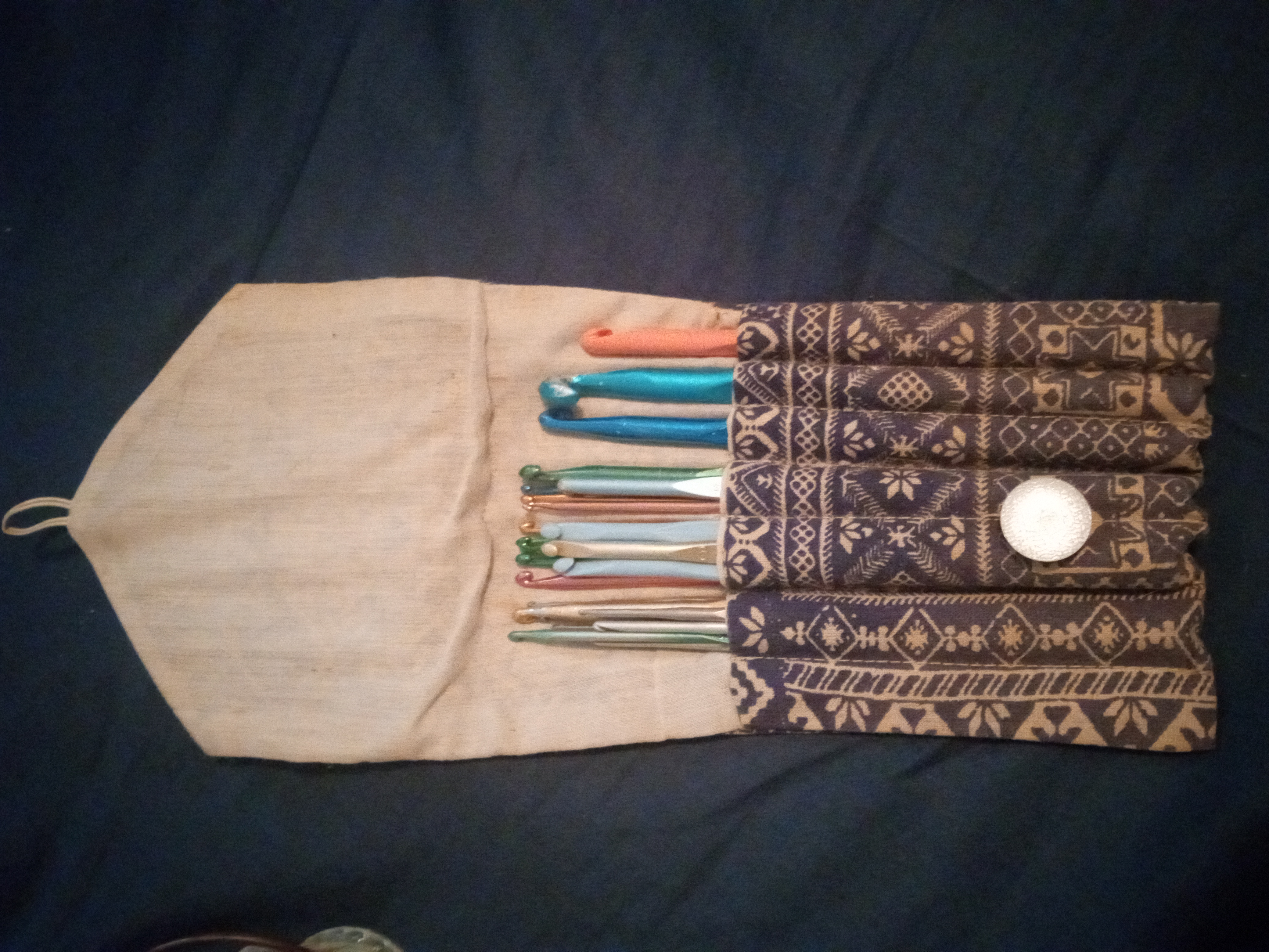 Grandma Mary’s crochet hooks and cloth roll