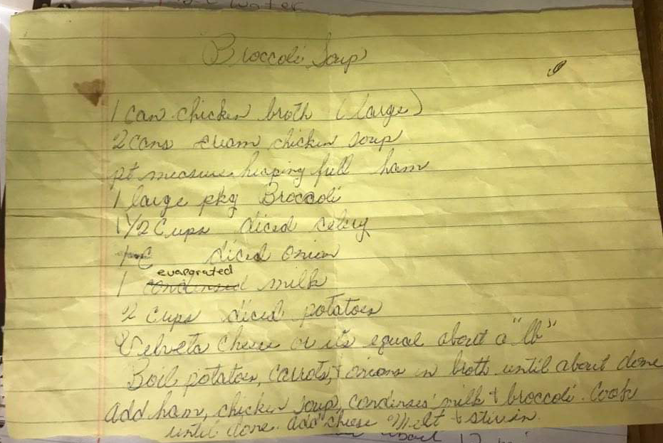 Handwritten Broccoli Cheese Soup Recipe