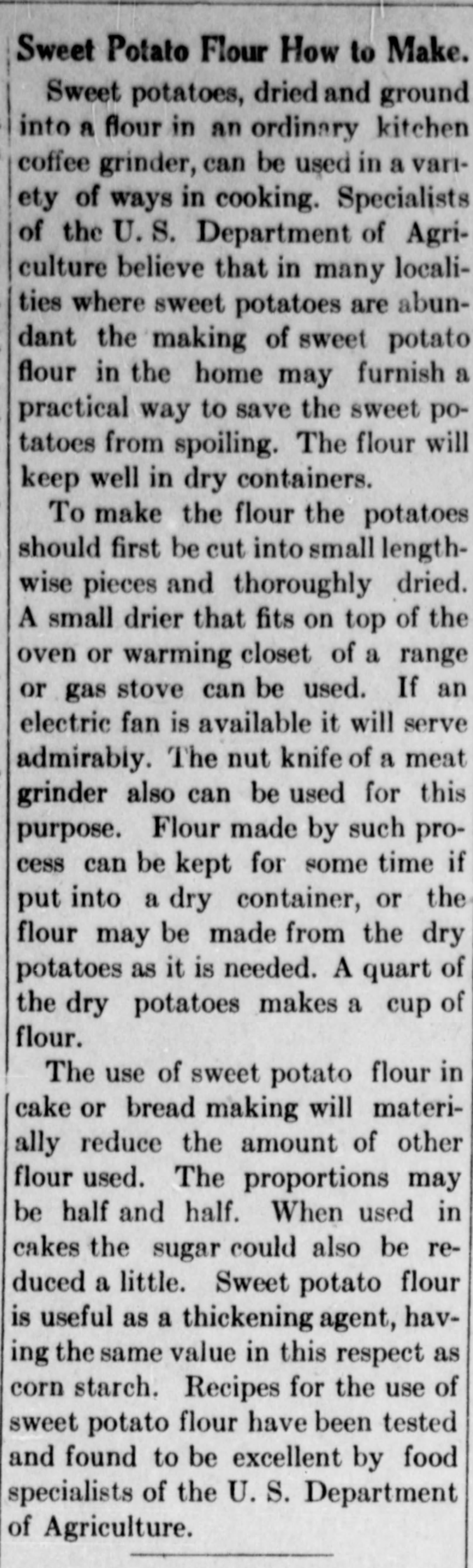 Sweet Potato Flour Newspaper Article from 1918