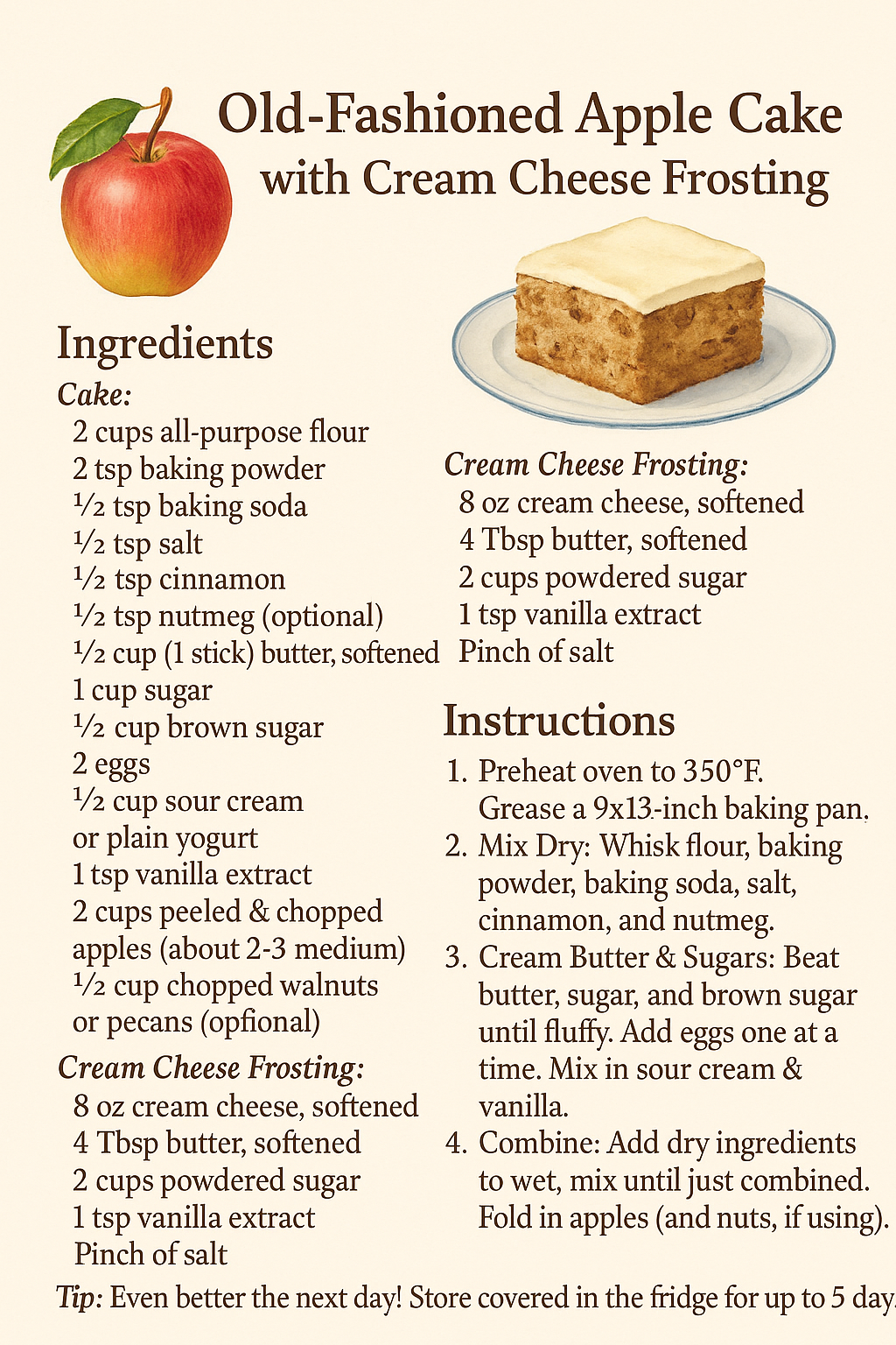Apple Cake with Cream Cheese Frosting Recipe Card