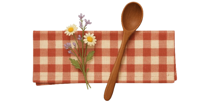 Red gingham napkin divider with spoon and wildflowers