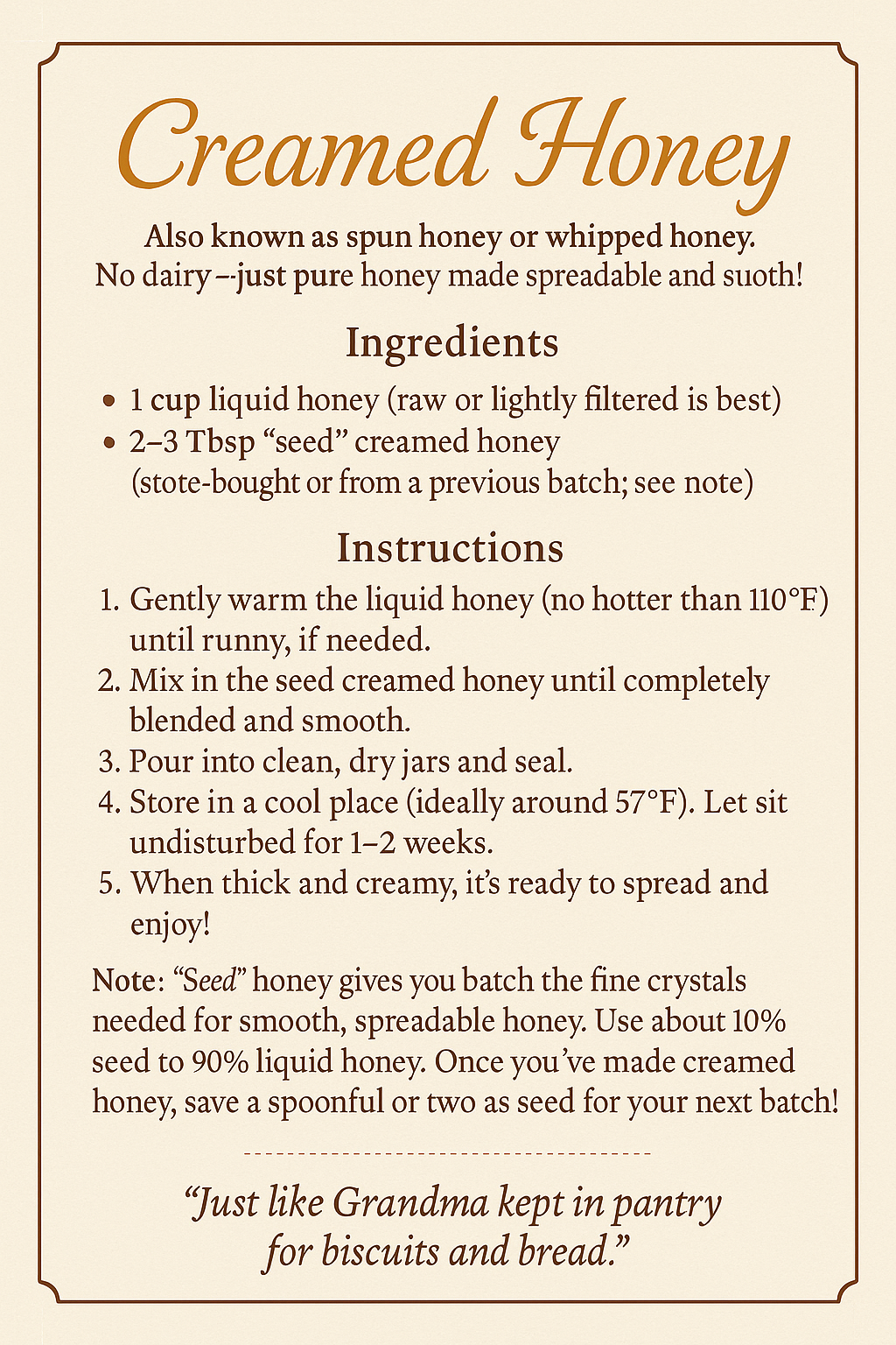 Creamed Honey Recipe Card