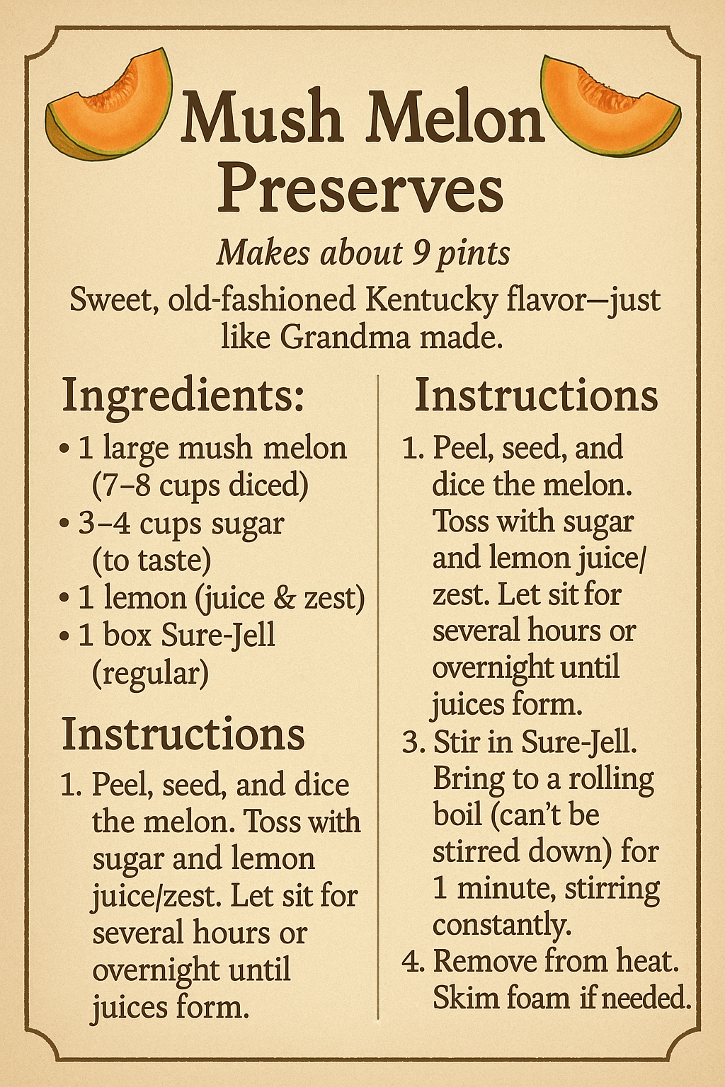 Mush Melon Preserves Recipe Card