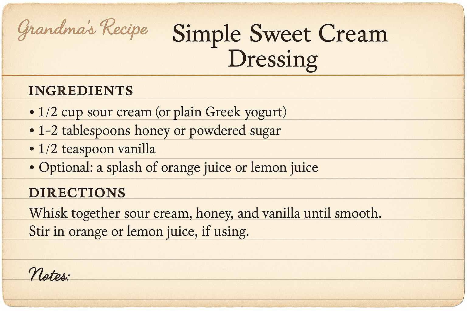 Simple Sweet Cream Dressing Recipe Card