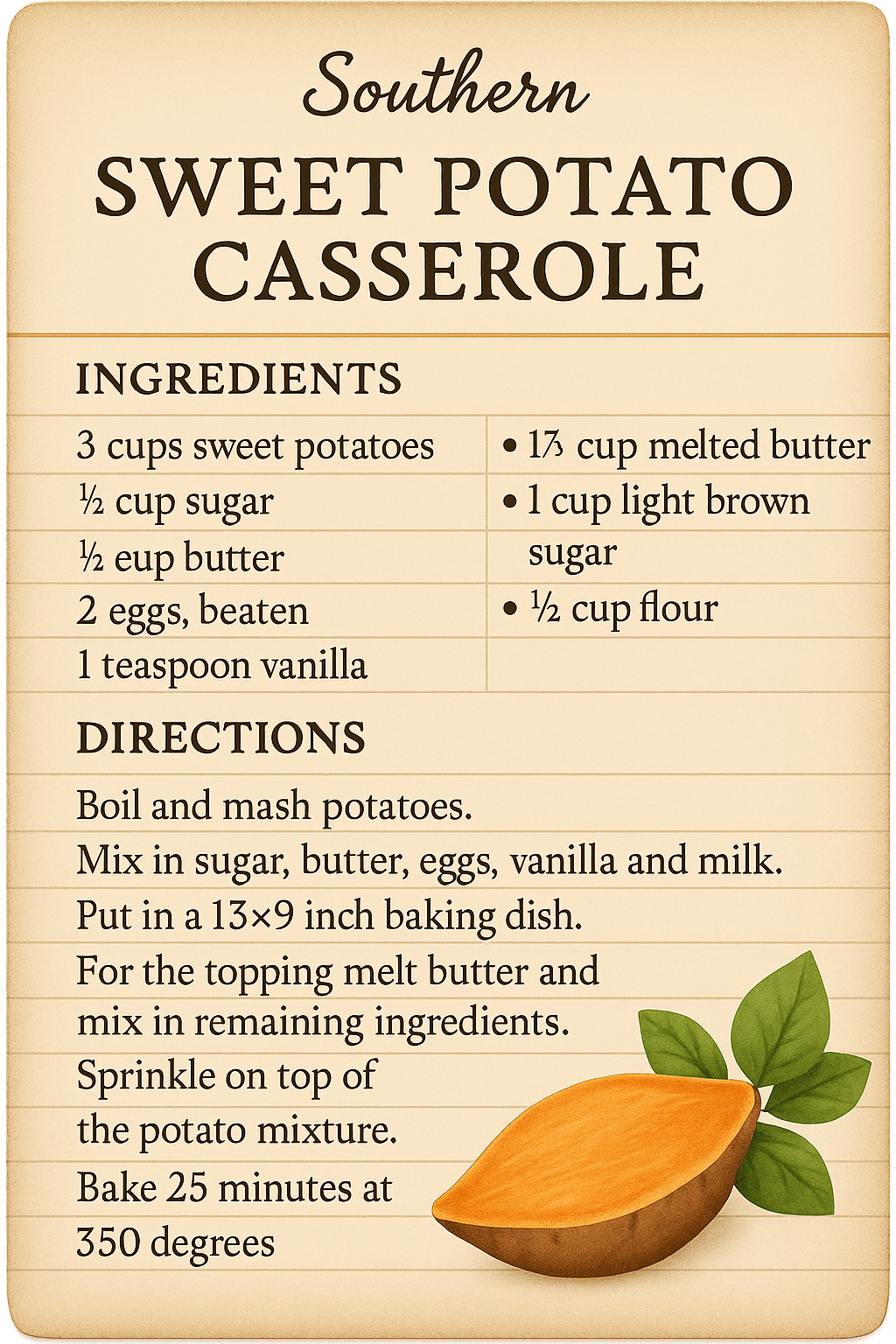 Southern Sweet Potato Casserole Recipe Card