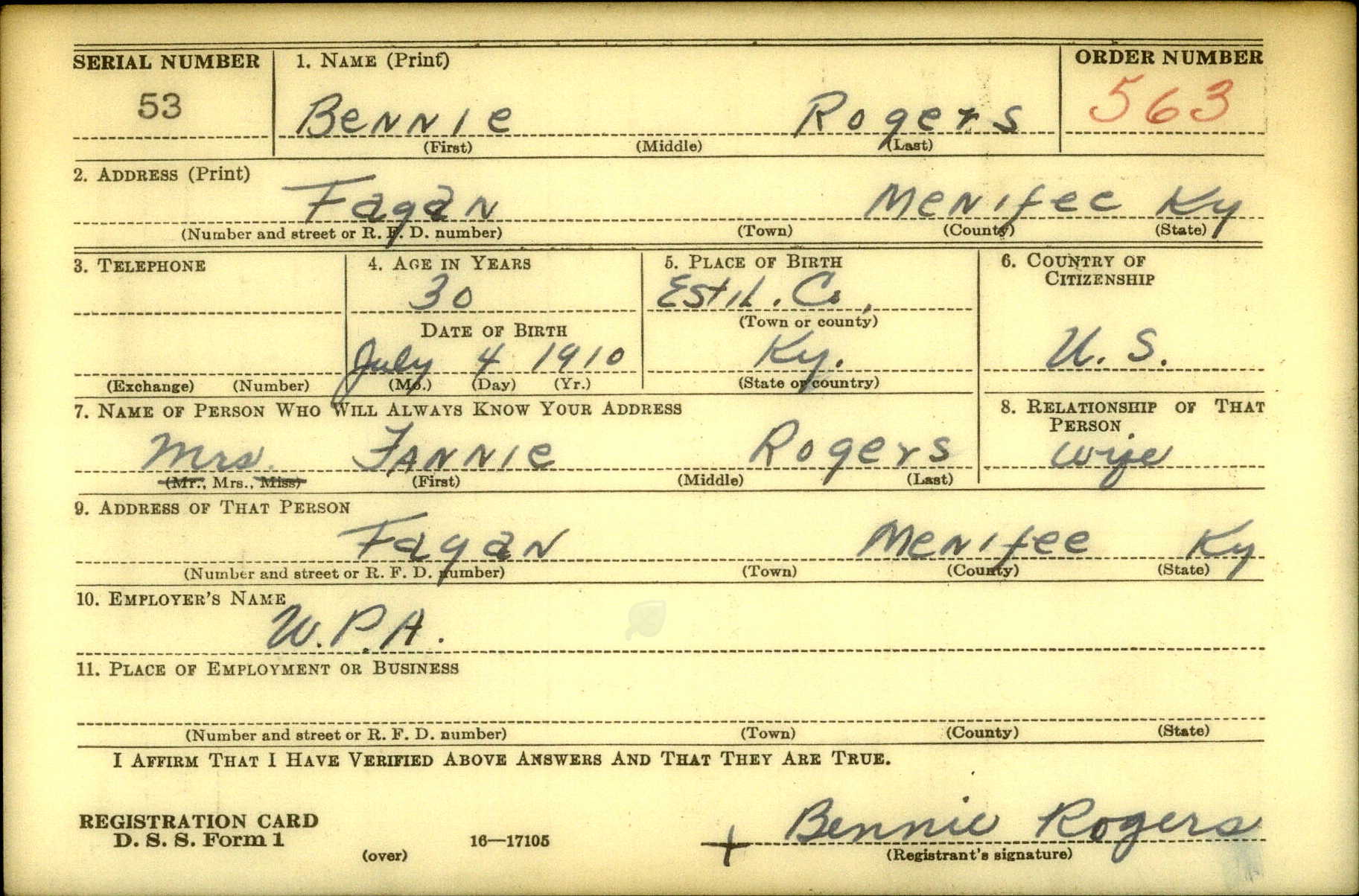 WW2 Draft Card Front – Bennie Rogers