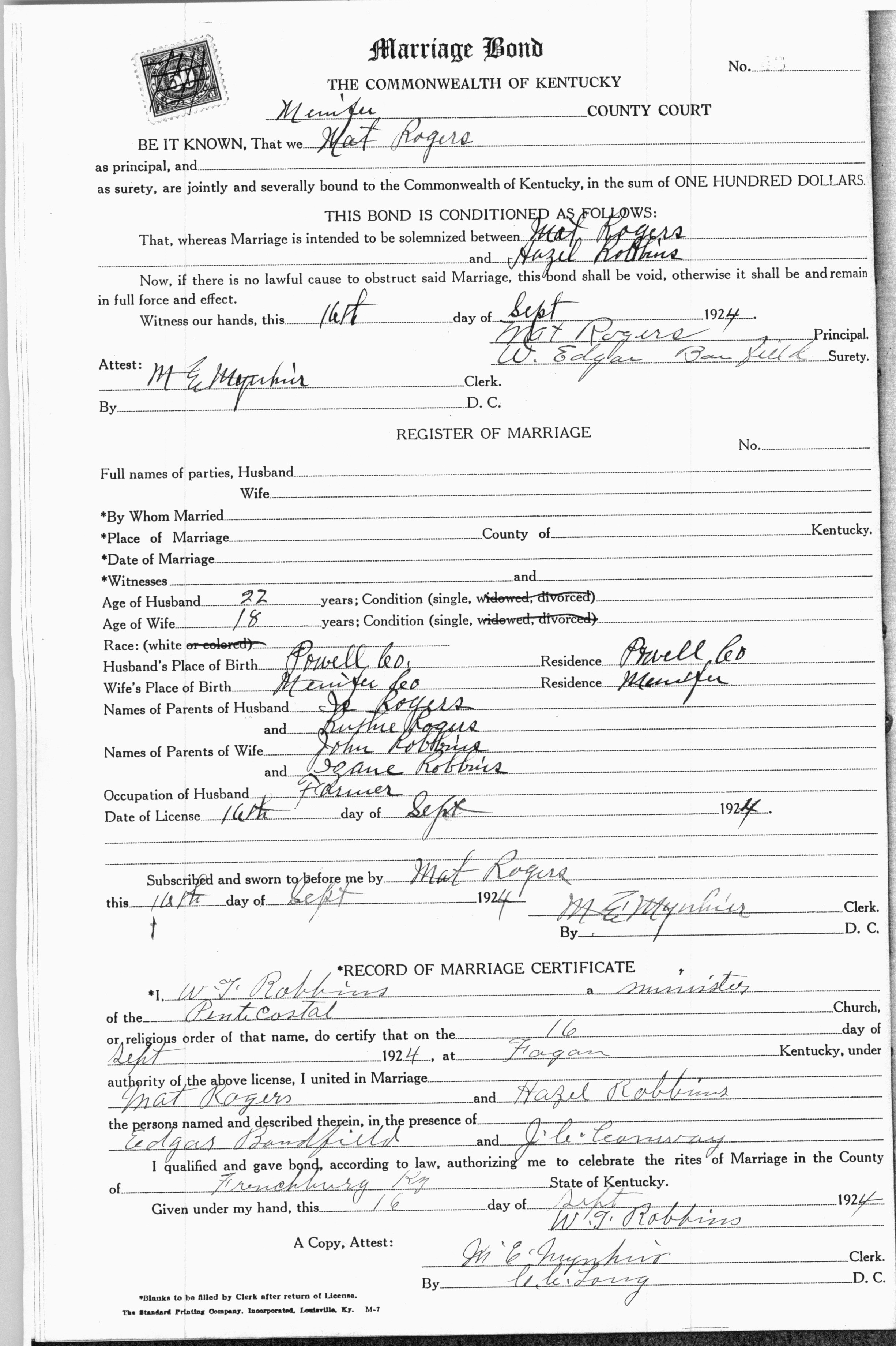 Matt and Hazel Rogers Marriage Record