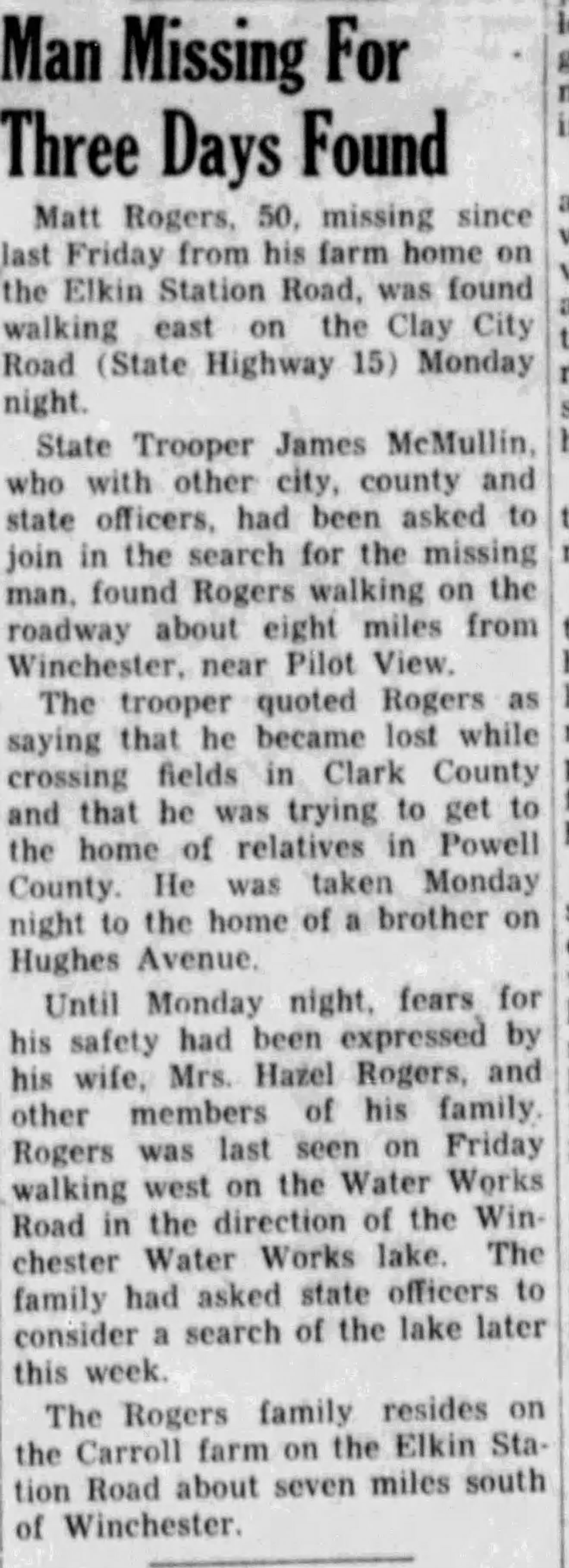 Newspaper clipping - Matt Rogers missing