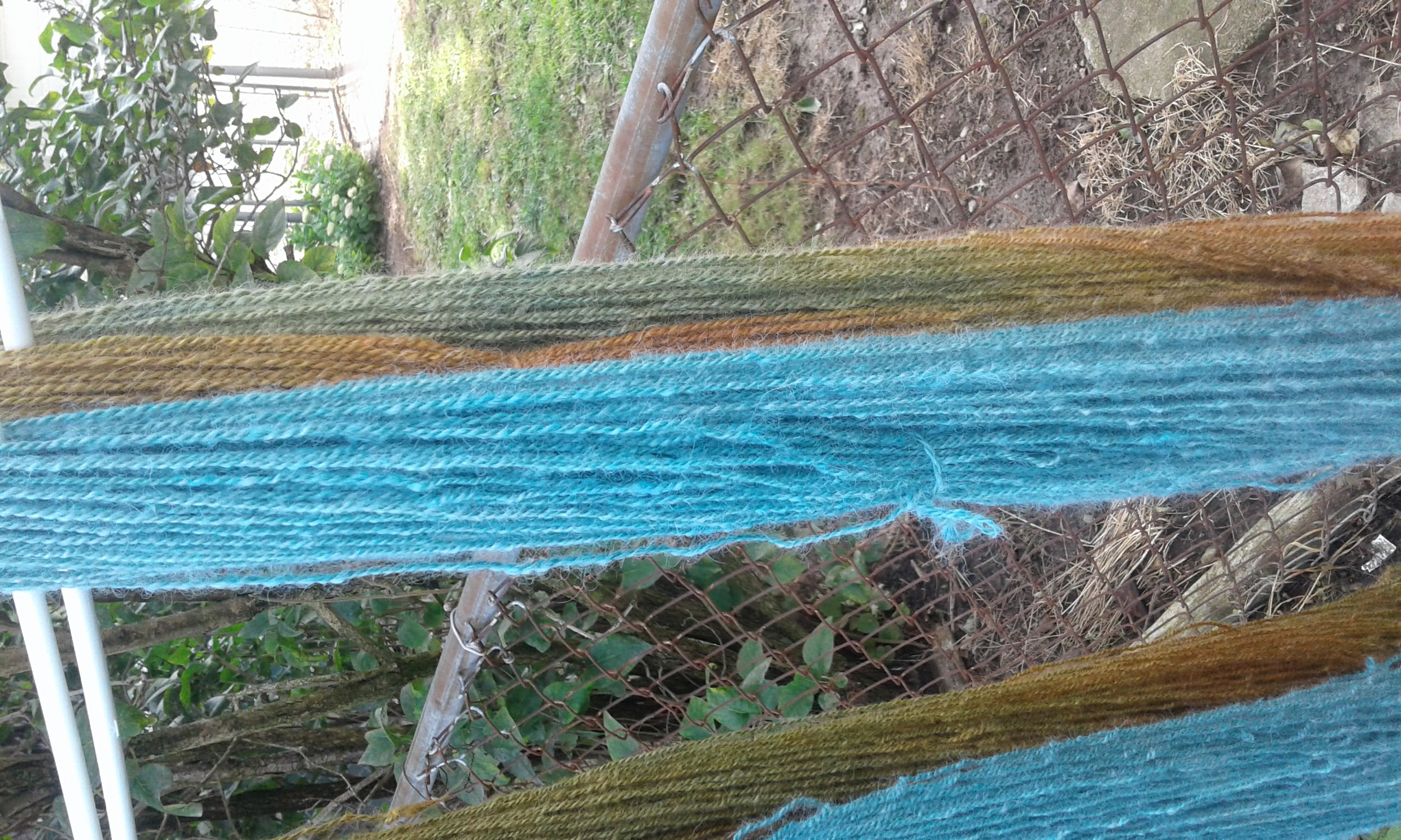 Dyed homespun yarn drying