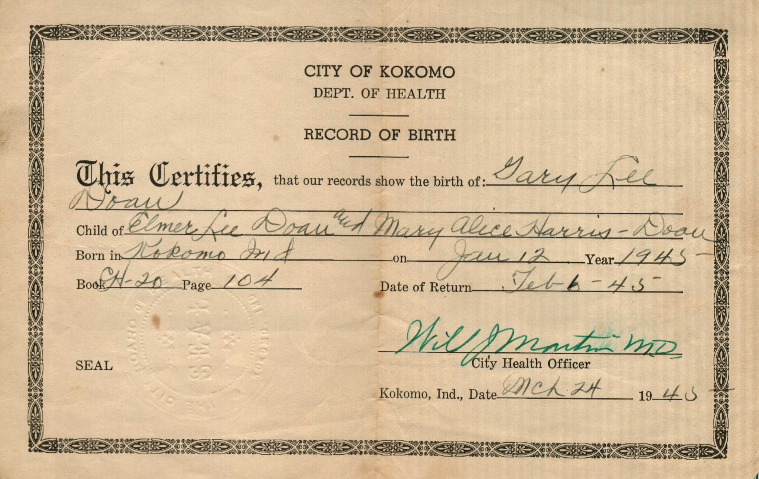Gary Lee Doan birth certificate