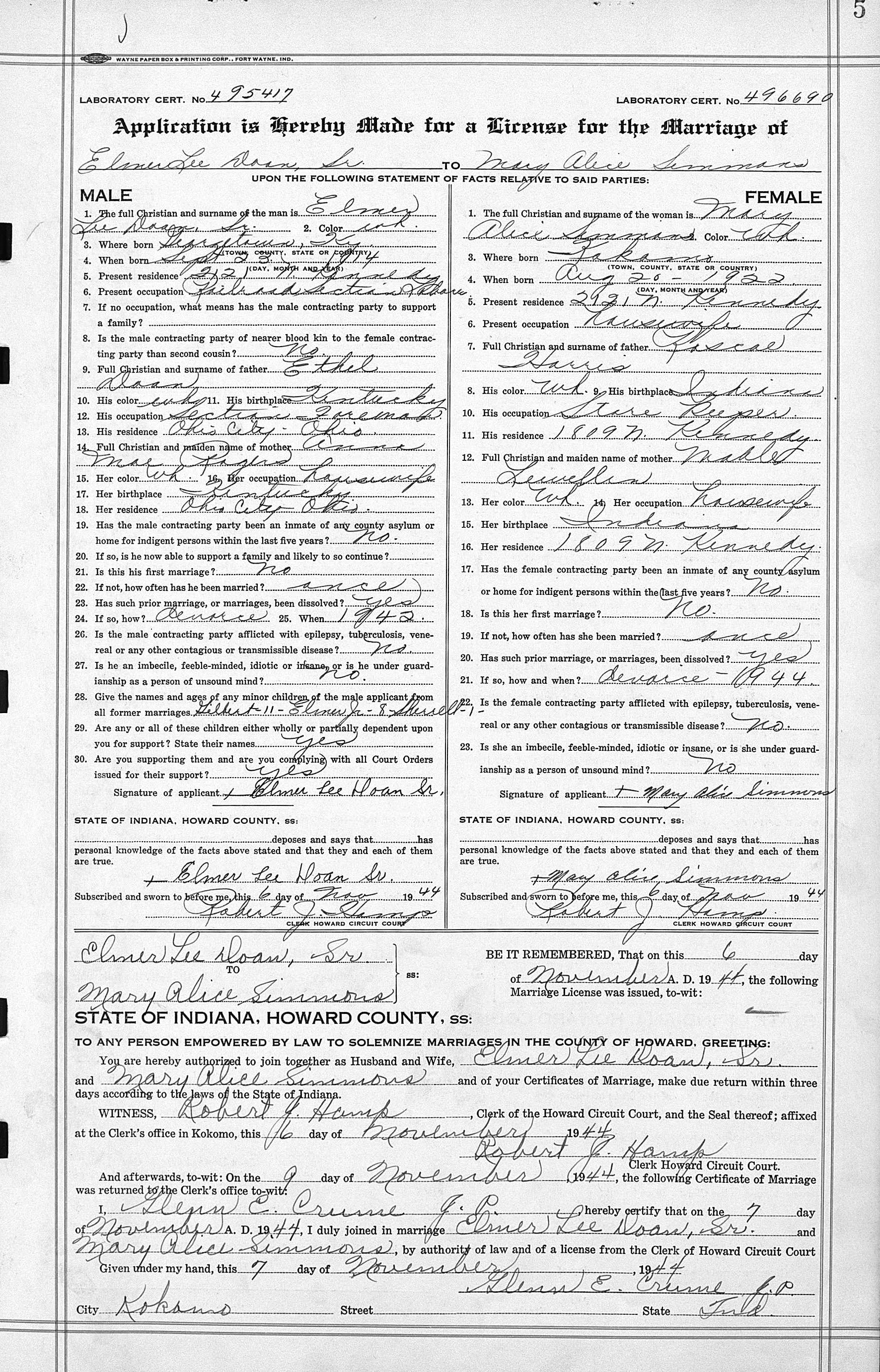 Marriage record of Elmer Doan and Mary Harris
