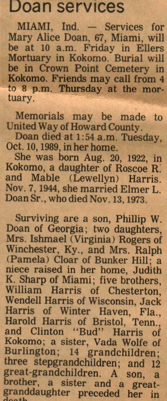 Obituary for Mary Alice Doan