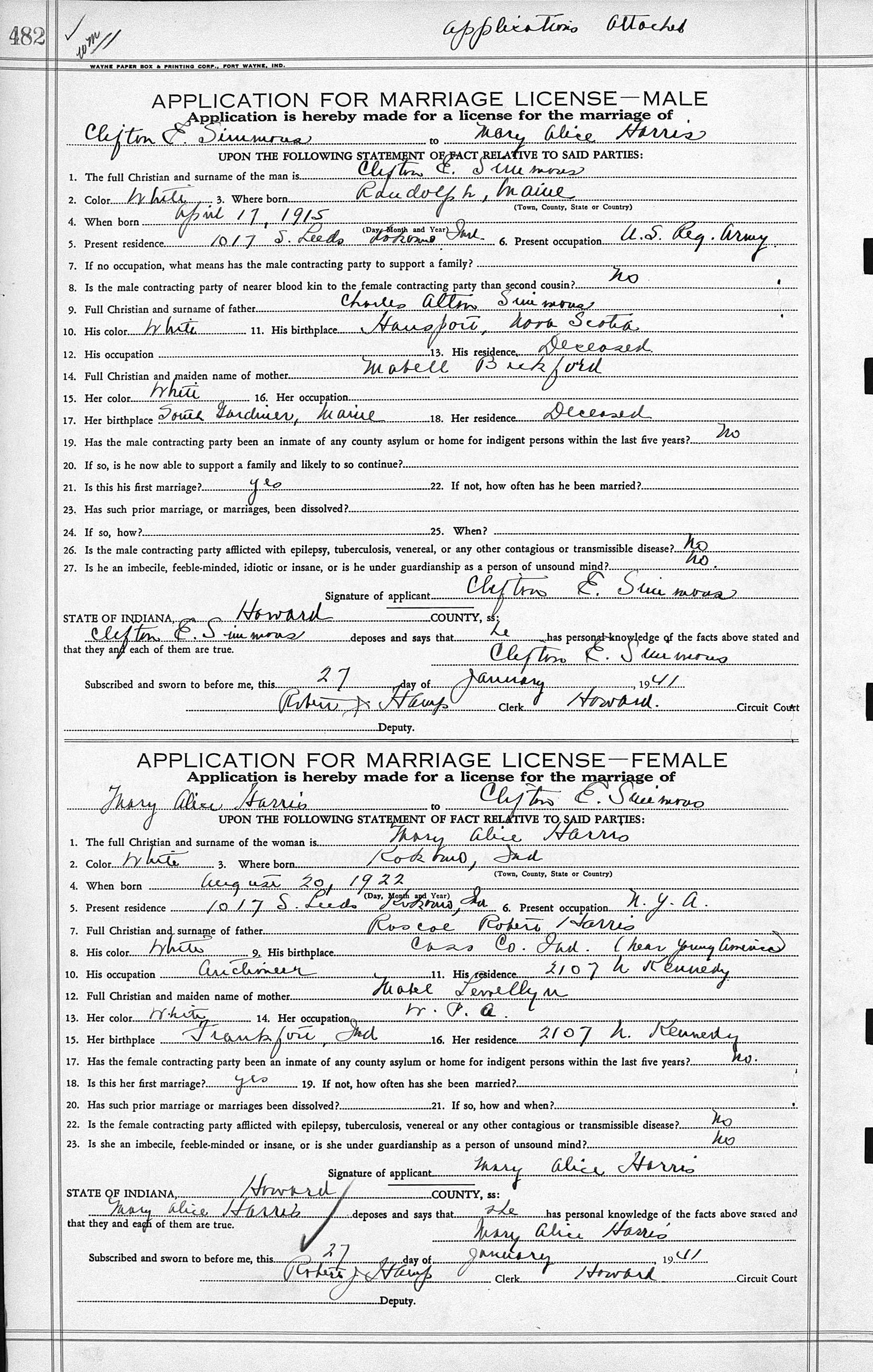 Marriage Application - Clifton Simmons