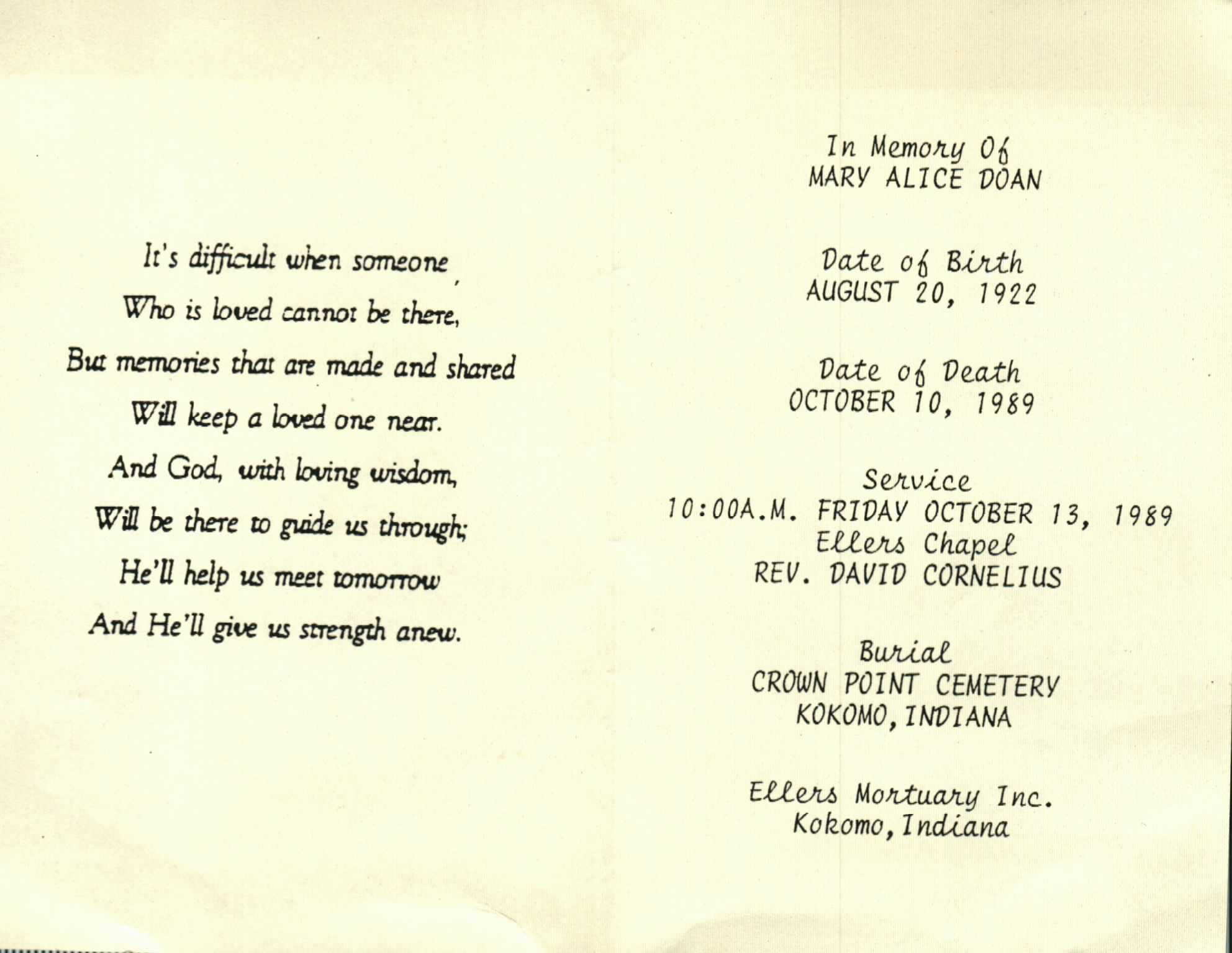 Funeral memorial booklet for Mary Alice Doan