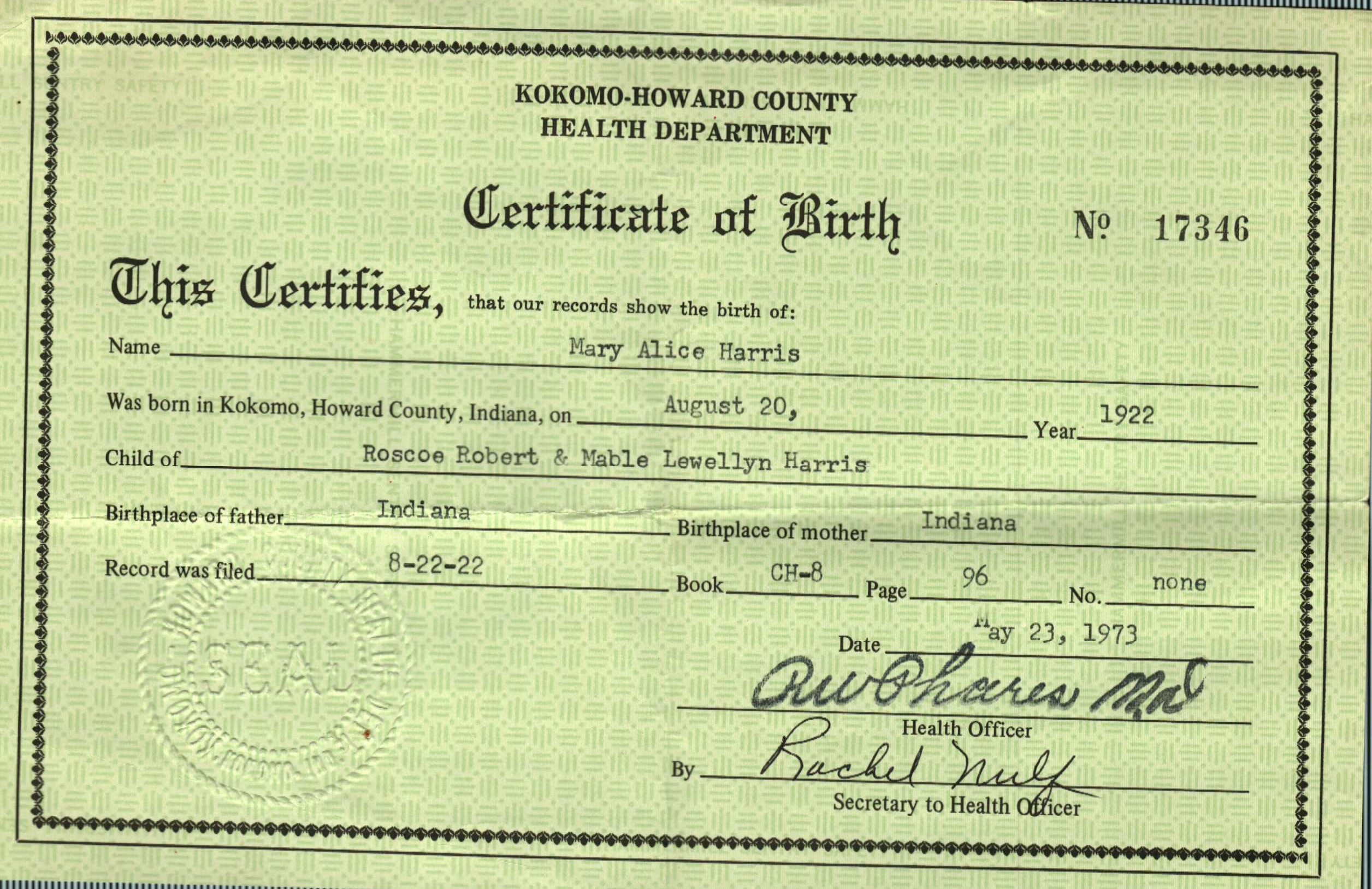 1973 Issued Birth Certificate