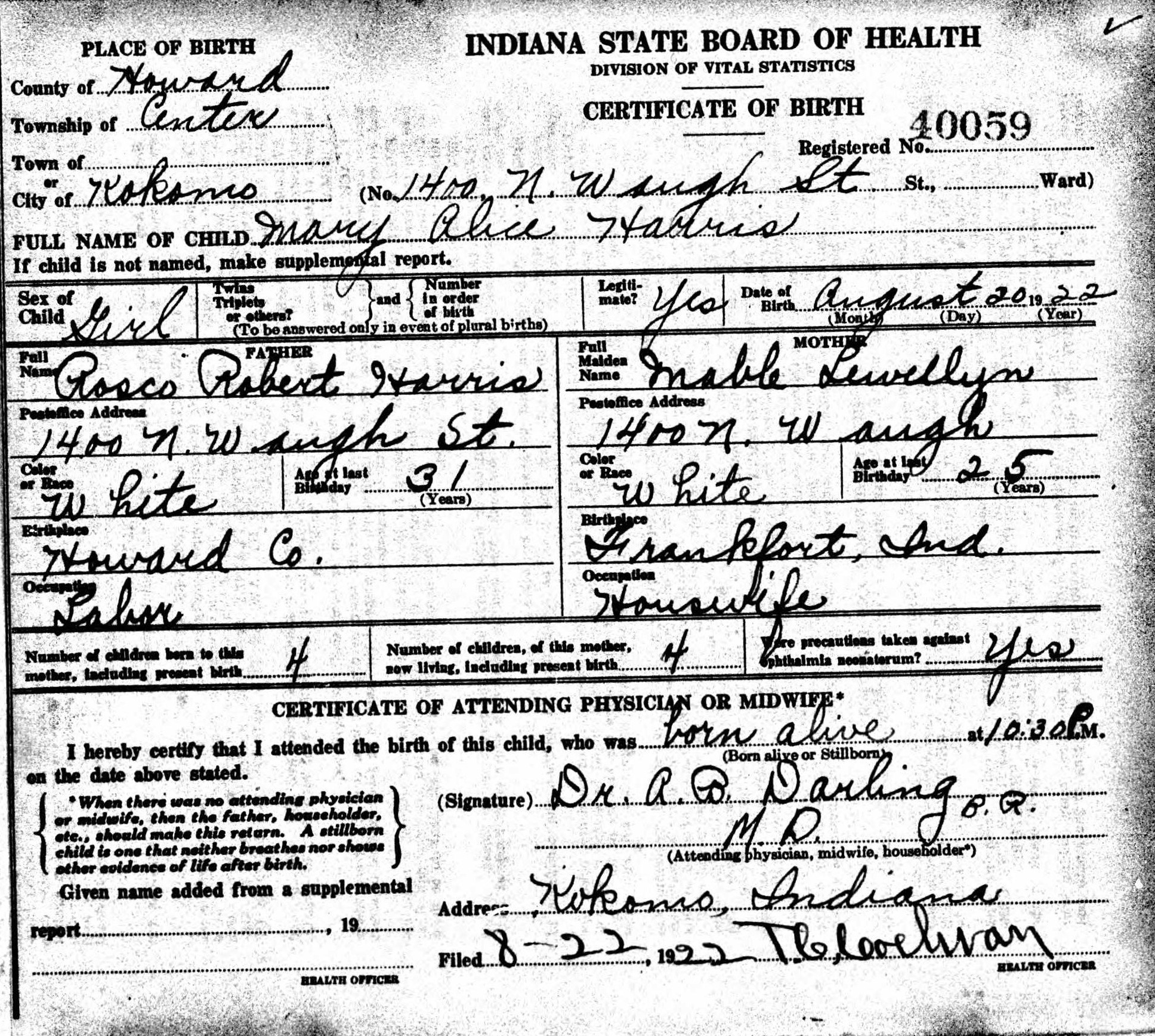 Original 1922 Birth Certificate