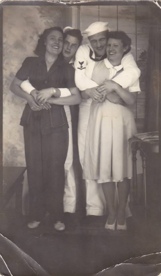 Mary and Mae Harris with two young men, possibly sailors