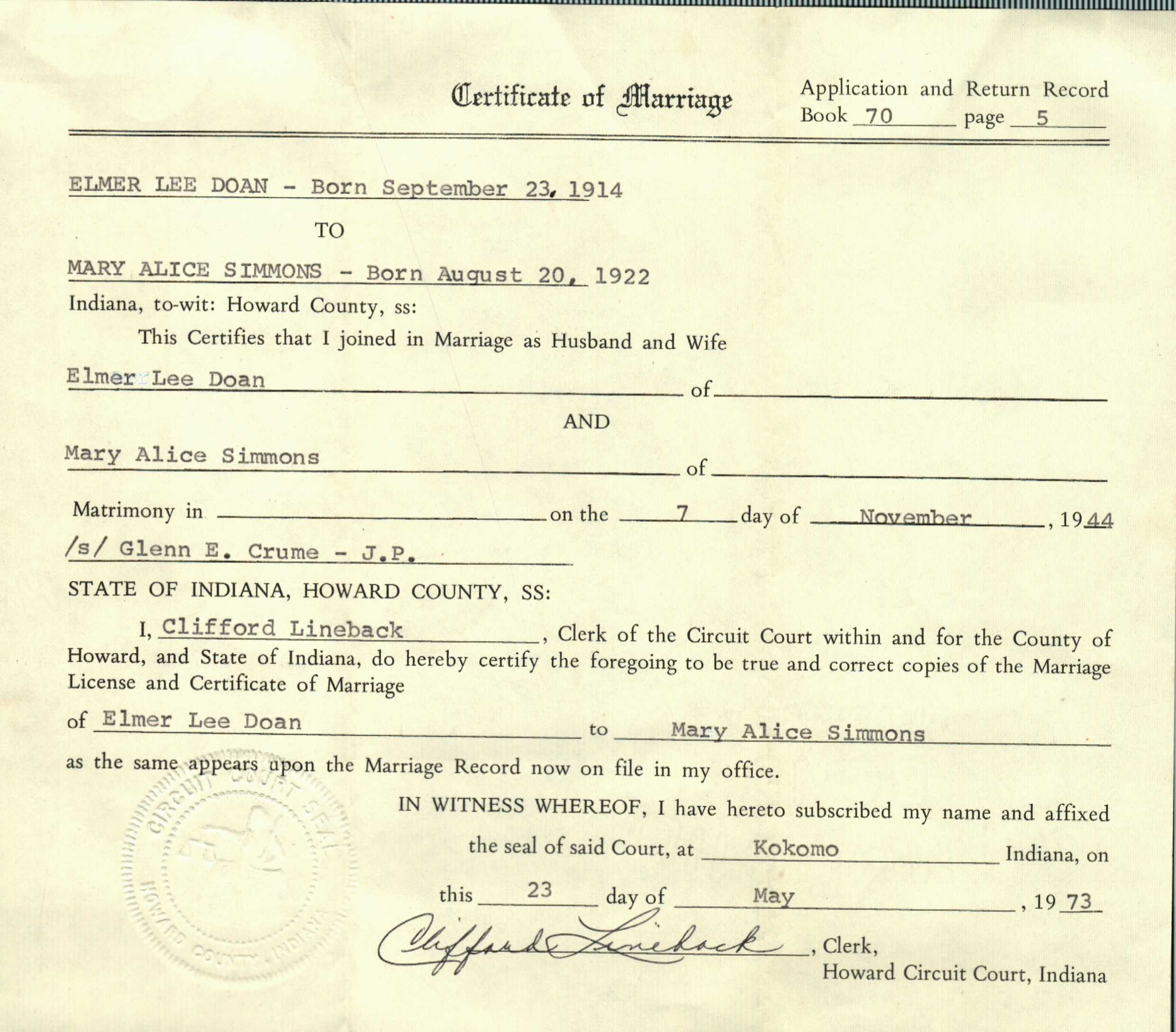 Certified copy of the marriage certificate for Elmer Doan and Mary Alice Simmons