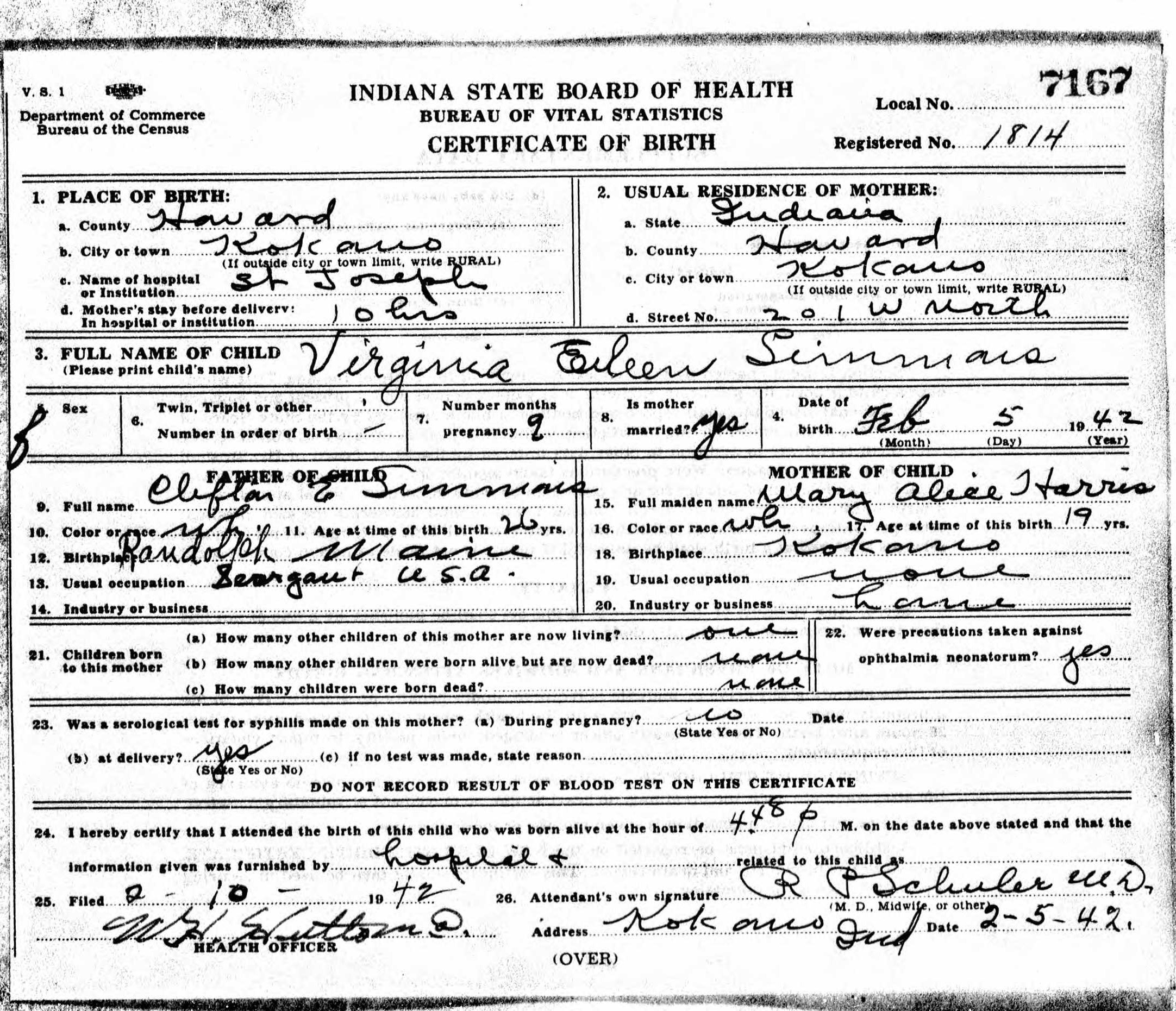 Virginia Eileen Simmons Birth Certificate
