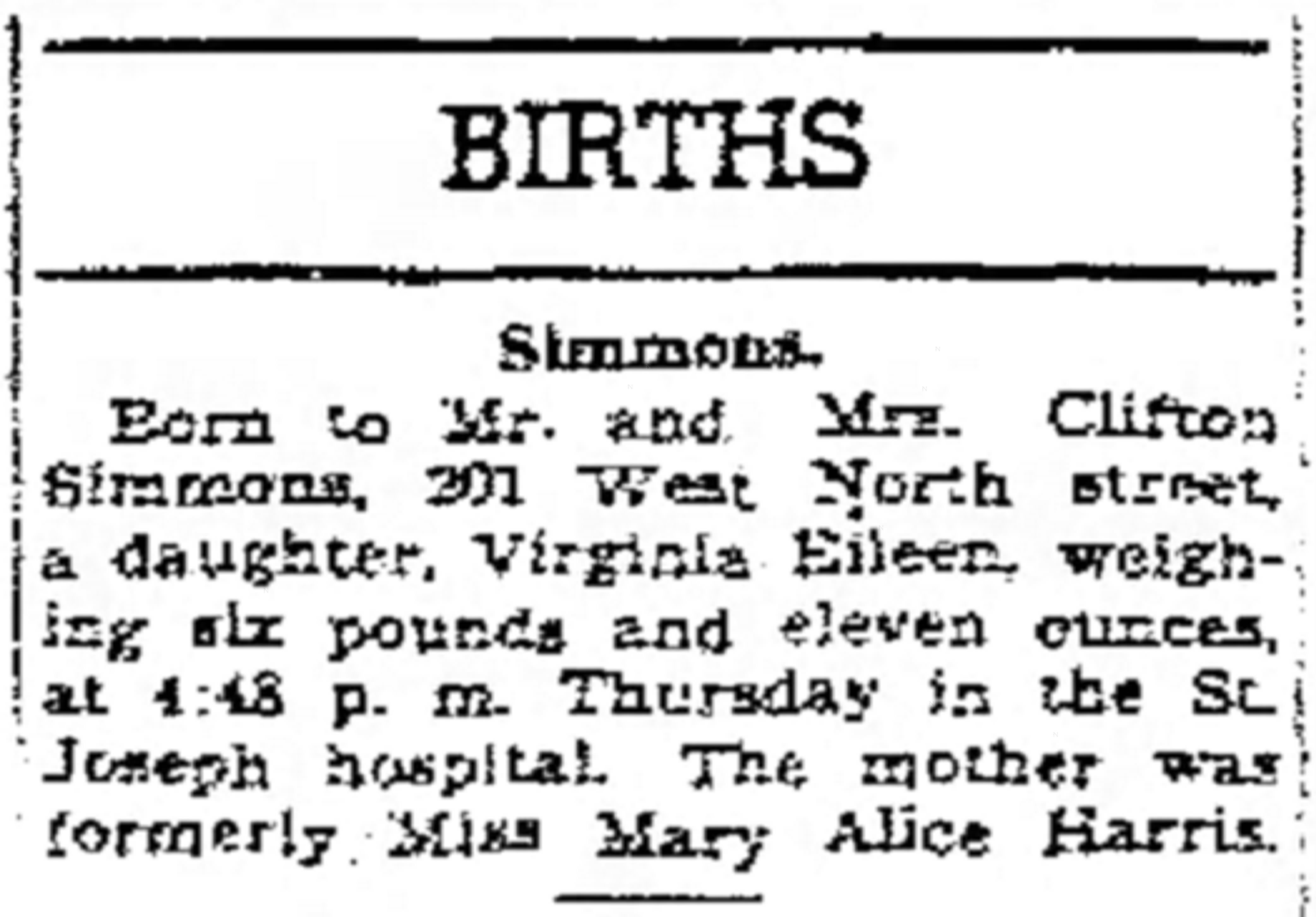 Birth Announcement from The Kokomo Tribune