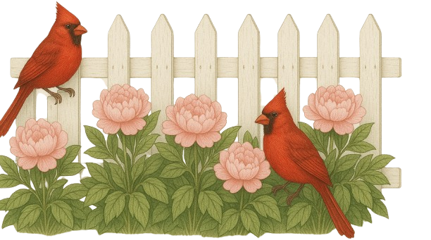 Peonies by white picket fence
